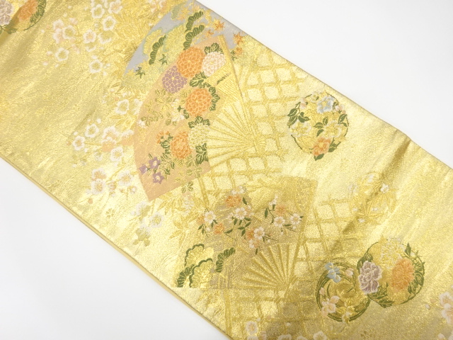 扇に松竹梅・花模様織出し袋帯